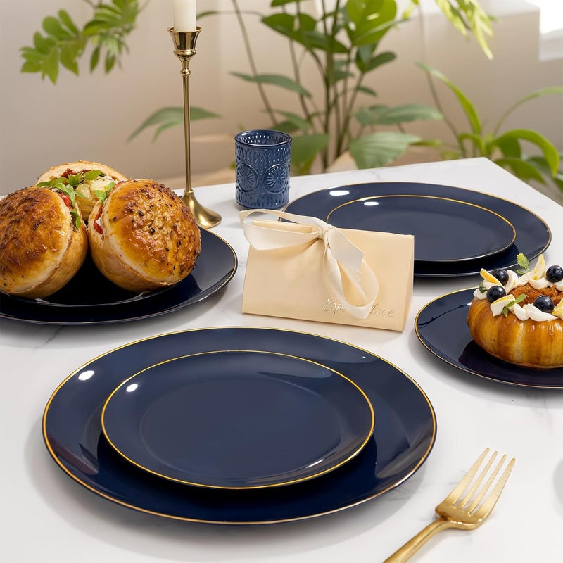 bUCLA 150PCS Blue and Gold Plastic Plates - 25 Guests Navy Blue Plastic Dinnerware Disposable for Party and Hanukkah - Include 25 Dinner/Dessert Plates, 25 Knives, 25 Forks, 25 Spoons, 25 Cups - Image 5